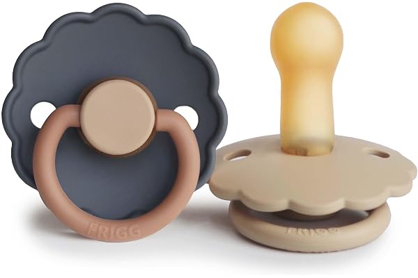 FRIGG Daisy Lot de 2 sucettes | Sucette en latex | Fabriqué au Danemark | Sans BPA | Tétine Cerise Symétrique | (Aurora/Croissant, Taille 2 (6-18 Mois))