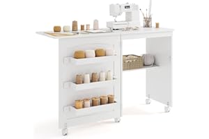 GIANTEX Table de Couture Pliante, Meuble Machine à Coudre avec 4 Étagères pour Travaux Manuels, 5 roulettes, Armoire Couture avec Rangement pour Petits Espaces (118,5 x 40 x 79,5 cm, Blanc)