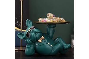 DSFHKUYB Französische Bulldogge Skulptur mit Edelstahl Tablett für Home Storage Harz Hündchen Figur Figur Desktop dekorative Sparschwein,Blau