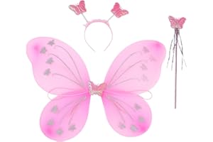 BOMICLSS Fairy Butterfly Wings Kids Foldable Toddler Fairy Wings Kids Pink Butterfly Headbands Girls Butterfly Wands Toddler Fairy Costume for Girls 1-12 for Kids Party Christmas Party Dress up (Pink)
