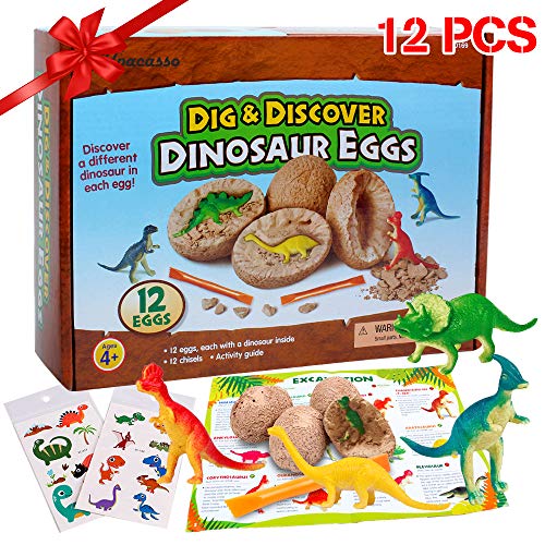 12 Stück Dinosaurier Eier Party Supplies Spielzeug, Dino Eier Dig Kit, Dino Eier Ausgraben Dinosaurier Party Favors STEM Spielzeug für Kinder im Alter von 4 5 6 + (2 Stück Tätowierungen enthalten).