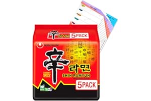 Nongshim Shin Ramyun Instant Noodle Soup, Spicy Gourmet Korean Ramen, 600g (5x 120g Pack), Quick Meal, Hot & Savory, Family Pack, Noodles Dish | Included Jaspem Meal Planner