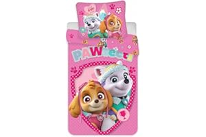 BrandMac ApS Parure de lit Junior Pat' Patrouille Rose - Housse de Couette Réversible 100x135 cm + Taie d'oreiller 40x60 cm