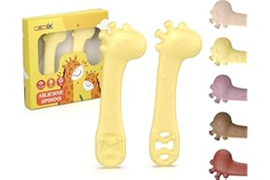 akolik PreCucharas Para Bebes, 2 Piezas de Cuchara Bebe Aprendizaje Cuchara Baby de Silicona Sin BPA, Munchkin Cubiertos Infantiles Jirafas Mordedor para bebés y niños pequeños a partir de 4 meses