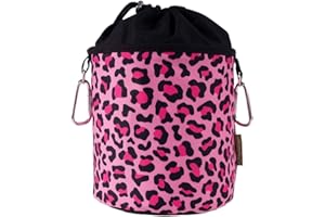 bellaCott Sac à pinces à linge portable en coton avec 2 mousquetons solides, fermeture à cordon et bloqueur en métal pour ranger les pinces à linge Motif animal Noir/rose