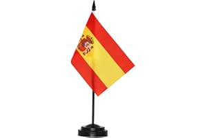 ANLEY Spain - Juego de banderas de escritorio de lujo。 6 x 4 pulgadas。 bandera de escritorio española en miniatura con poste sólido de 12 "。 colores vivos y resistente a la decoloración