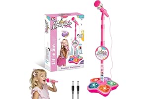 XPJBKC Kids Microphone and Stand, Adjustable Kids Karaoke Machines with Flashing Stage Lights, Stand Up Kids Microphone Stand for Girls Boys 8-12 Birthday Gift (Pink)