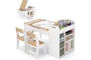 GOPLUS 3 en 1 Table Enfant avec 2 Chaises, Table a Dessin Chevalet avec Pied en Pin, Plateau Rabattable, Porte-Rouleau de Papier, Bureau Enfant avec Rangement,120x60x60cm (Naturel)