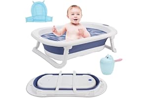 Sonnewelt Baby Badewanne, Babywanne mit Thermometer, Badematte und Baby-Haarwaschbecher, Faltbar Babybadewanne neugeborene ab 0-3 Jahre (Blau)