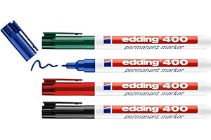 edding 400 markerów permanentnych – czarny, czerwony, niebieski, zielony – 4 markery – cienka okrągła końcówka 1 mm – wodoodporny, szybkoschnący – odporny na ścieranie – do kartonu, tworzywa sztucznego, drewna, metalu, szkła