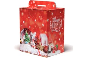 ACAN Tradineur - Caja de cartón para lote de Navidad, caja plegable con asa, guardar regalos, botellas vino, resistente (Rojo - Magic Moments - 28 x 20,5 x 34 cm)