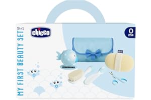 Chicco Baby-Badeset, Geschenkidee, Geschenkidee zur Geburt, mit Kamm, weicher Bürste, Thermometer, Waschlappen aus Frottee und einer Schere, Babyhygiene, Badeartikel, Hellblau