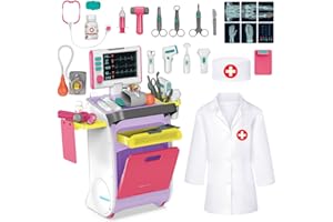 deAO Doctors Trolley Set for Kids, Pretend Play Doctor Set with Stethoscope and Medical Toy Accessories, Children Doctor Role Play Toys for 3+ Years Old Boys and Girls (Pink)