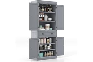 GiantexUK 183cm Tall Kitchen Cupboard, 4-Door Freestanding Pantry Cabinet with Adjustable Shelf, Drawer & Anti-Toppling Device, Wooden Storage Cupboard for Dining Room (without Door Racks, Grey)