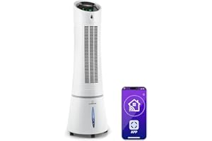 Climatizzatore 4in1: raffrescatore evaporativo, ventilatore, umidificatore/ionizzatore, 6L, oscillazione, 30W, 210m³/h, timer, no tubo di scarico, portatile, Klarstein, Bianco, Skyscraper Ice Smart
