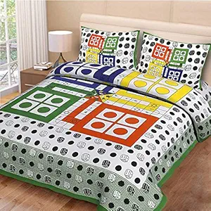 SHOPICTED Ludo Print 165 TC Cotton Double Bedsheet with 2 Pillow Covers, 90X100 Inches - Green