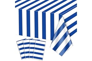 PIXHOTUL 4 Pezzi Tovaglie A Righe Bianche E Blu Navy Copritavolo Nautico Decorazioni Da Tavola in Plastica A Strisce Blu Per Festa A Tema Nautico, Primo Compleanno Del Bambino, 130 X 220 Cm