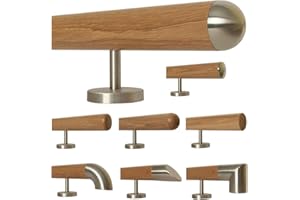 TIBU Eiche Holz Handlauf Geländer 0,3m - 6m, Länge 210 cm, Ende Halbrunde Edelstahlkappe und 3 gerade Halter