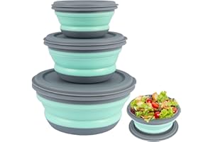 Taekooki 3 Pièces Bols à Vaisselle Pliables, Bols Pliables en Silicone Vert, Bol Saladier Pliable Avec Couvercle, pour Cuisine Camping en Plein Air De Randonnée