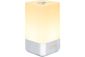 HogarTech Wake Up Light Alarm Clock, Bedside Touch Lamp with Sunrise Simulation, 5 Natural Sounds, Multi Light Modes, USB Rechargeable, White, Plastic