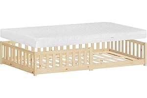 ML DESIGN MODERN LIVING ML-Design Letto Basso per Bambini e Bambine 120x200 cm, Naturale, in Legno di Pino Massiccio, con Materasso A:16 cm e Protezione Anticaduta, Giroletto per Giovani, Lettino Montessori per Ragazzi