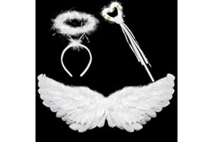 testyu Federflügel Engel Weiß, 60 CM Engel Flügel, Engelsflügel Set mit heiligenschein und Zauberstab, Engelsflügel Deko für Fasching, Karneval, Cosplay Party, Halloween, Mottoparty