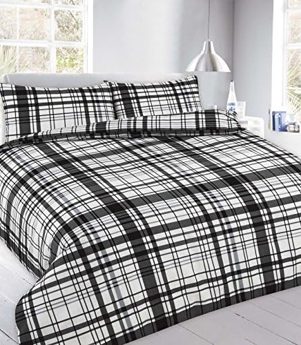 LUXURY FLYNN CHECKED PRINTED POLLY COTTON DUVET QUILT COVER SET (Flynn Black, King)