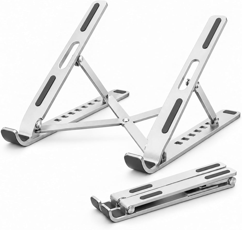 Coverzone Alüminyum Laptop Standı 7 Kademeli Katlanabilir Ayarlanabilir | Katlanabilir Alüminyum Notebook Standı, Kaymaz Silikon Destekli, Taşınabilir Ergonomik Dizüstü Bilgisayar Tutucu