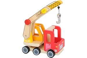 Small Foot 12008 - Grúa de Madera con múltiples Funciones, rotación de 360 Grados, Gancho de Agarre con manivela, Juguete con Pluma Extensible, Multicolor