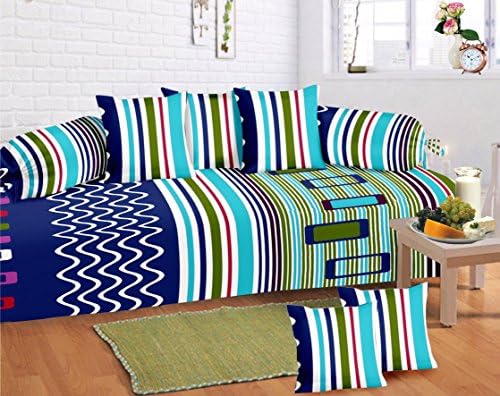 RelaxoLite 100% Cotton Home Decor Diwan Set Stripe Printed 104 TC Navy Blue Bedsheet With Cushion &amp; Bolster Cover Combo Set