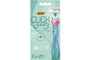 Bic Click 3 Soleil Sensitive Refillable Women's Razor, 30% Recycled Plastic Handle and 3-Blade Refills - Box of 1+2