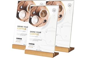 Aisamco 3 Stück A5 Acryl Schildhalter Slant Back Design L Form Klare Acrylrahmen Holz Basis, Tisch Menü Display Stand Flyer Display Display für Schreibtisch Display