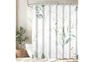 Uiiooazy Cortina de Ducha de Hoja Eucalipto, Cortinas de Ducha Verde Oro Abstracto Planta Cortinas de Baño Antimoho Impermeable Lavable Tejido de Poliéster Cortina Ducha con 12 Ganchos 180x180cm