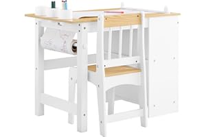 SoBuy Mesa y Silla Infantil con 2 Estantes Laterales Mesa niños con 3 portabolígrafos Escritorio Infantil Escritorio Multifuncional para Actividades Blanco y Natural 80x50x66cm KMB60-WN