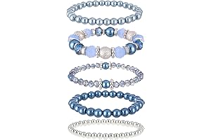 Qianeffort 5PCS Stackable Beaded Bracelets for Women,Blue Bracelet for Girls,Stretch Layering Handmade Bracelets for Women Girls Birthday Gifts