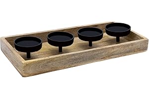 ‎SPETEBO Mango Adventskerzen Halter 40 x 19 cm - für 4 Stumpenkerzen - Holz Kerzentablett mit Metall Kerzentellern - Deko Kerzenleuchter Kerzenhalter Kerzenständer Adventskranz Advent Tischdeko