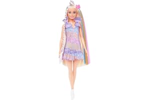 Barbie Fun & Fancy Puppe mit Accessoires, Modepuppe mit extra langem blondem Haar und 2 Looks, inklusive silberfarbenem Metallic-Kleid und Haarverlängerung, JCT72, [Mehrfarbig]