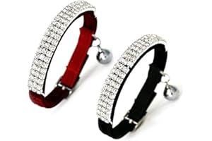 kingkindsun Cat Collar with Bell, Adjustable Soft Velvet Safe Bling Diamante Cat Collar with Bell for small dogs and cats (Red & Black)