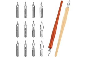 PIRIUUO 14 Pack Dip Pen Set With G Nib and Wooden Holder - Calligraphy and Comic Drawing Set - Stainless Steel Nibs for Writing, Painting, Signing