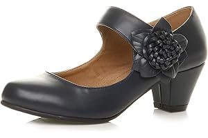AJVANI Womens Ladies Low mid Block Cuban Heel Mary Jane Strap Leather Lined Comfort Work Court Shoes Size