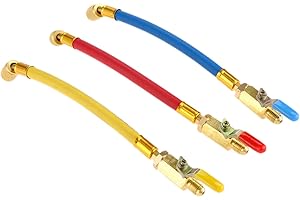 AUPOKO R134A R410A R22 R12 Charging Hoses and Ball Valve Set, 3 Pcs Color Coded Hoses/w Ball Valve 1/4" SAE Thread for AC HVAC Maintenance Kit and Air Condition (9.8")