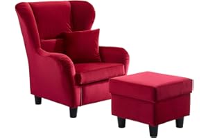 ‎LIFESTYLE4LIVING lifestyle4living | Moderner Ohrensessel mit Hocker in rotem Samt | Wellenunterfederung, Echtholzfüße & Zierkissen inklusive | gemütlicher Designer Sessel im zeitlosen Landhaus-Stil