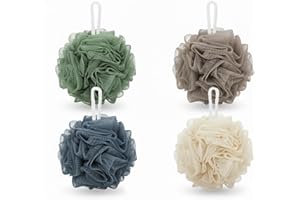 EVOKK Shower Puff Loofah Set of 4 Soft & Exfoliating Bath Sponges for Adults | Bath Scrunchie | Mesh Bath Sponge for Luxurious Cleanse and Skin Care (Grey, Sea Green, Cream, Light Brown)