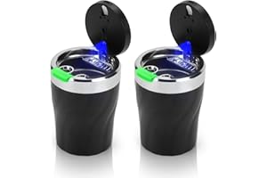 LYCXAMES 2 Stück Aschenbecher Auto, Tragbarer Edelstahl Rauchfreien Aschenbecher mit Deckel und LED Licht für Autos Vans Outdoor Camping, Schwarz