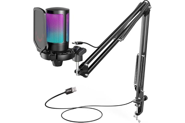 FIFINE USB Micro Gaming avec Bras pour PC PS4 PS5, Condensateur Microphone pour Streaming Podcast Studio, avec Bouton de Silence, Fixation Antichoc, Support Micro, Filtre Anti-Pop, RGB