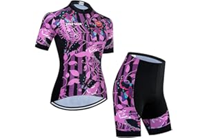 SUDUSUDO Donne Abbigliamento Manica Corta Ciclismo Set, Maglia Ciclismo Donna con Salopette Ciclismo, Tuta da Bicicletta Estiva Traspirante Asciugatura Veloce Manica Corta + 20D Gel Cuscino