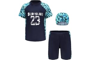 FEOYA Boys Swimming Costume Swimwear Rash Guard Set Swim Trunks Short Sleeve Shirts with Cap Swimsuits Pool Beach Holiday Bathing for 4-14 Years