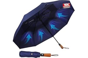 HANNSTAR Folding Travel Umbrella Windproof Strong with Wood Handle - Automatic Brolly for Men and Women - 10 Ribs Fiberglass Strong umbrella for Rain & UV Sun Protect