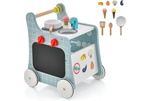 LIFEZEAL Girello per Bambini, Girello Neonato, in Legno, Girello con Giocattoli Montessori, Baby Walker, Primi Passi, Carrellino per Bimbi da 12 mesi a 36 mesi, Carrello Primi Passi con Ruote, Blu