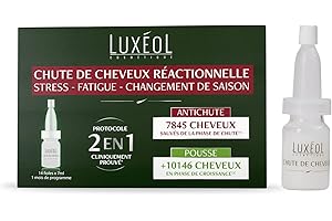 LUXÉOL - Chute De Cheveux Réactionnelle 2 En 1 - Favorise La Croissance & Diminue La Chute Des Cheveux - Stress & Fatigue - Kératine - Programme Cheveux 1 Mois - 14 Fioles De 7ml